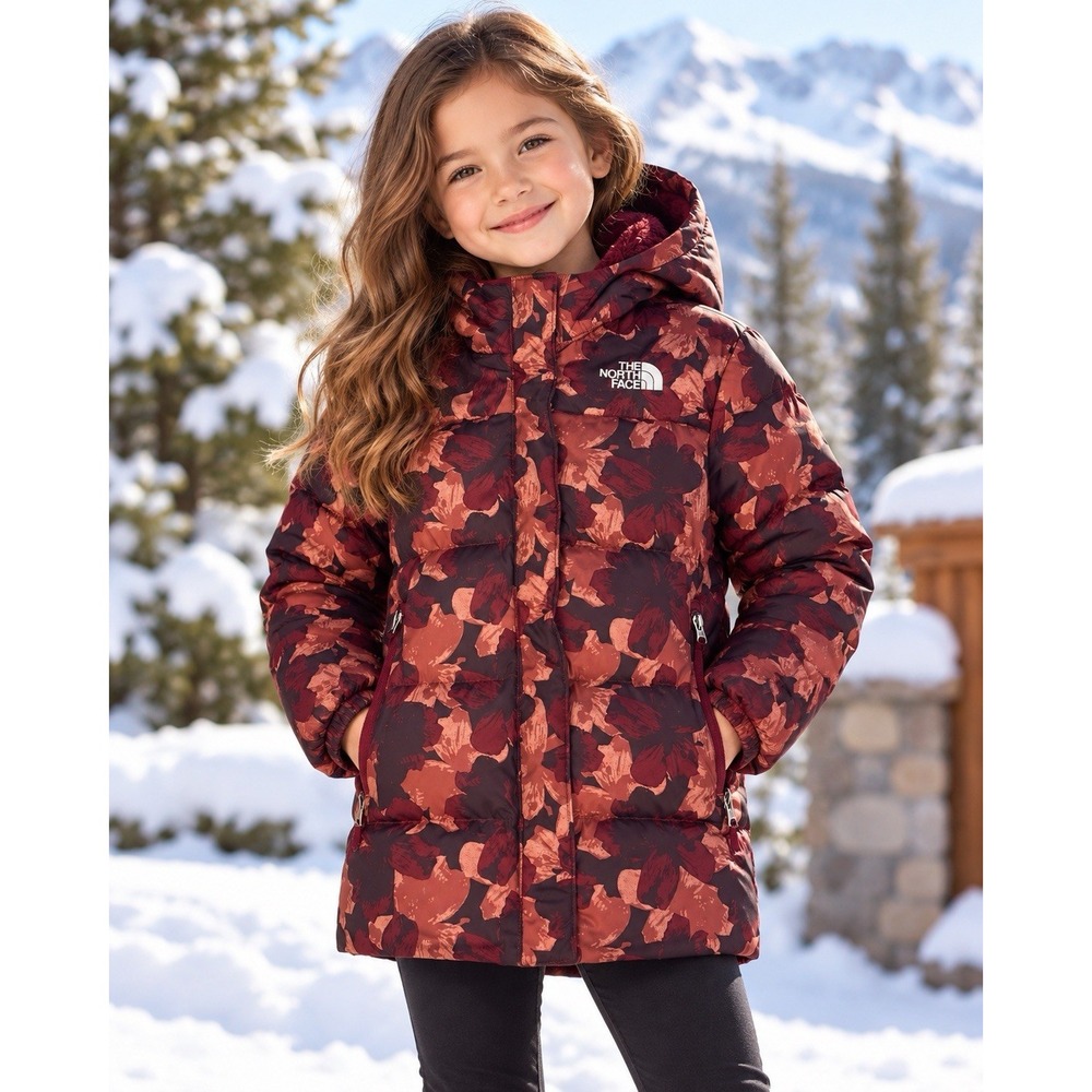 The North Face Girls M 10 Floral Down Puffer Jacket Hooded Burgundy Parka Coat